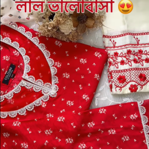 creamy red floral kurti