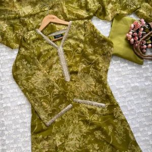 olive green jari kurti