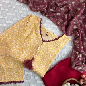 yellow cream floral kurti